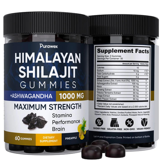 Pure Himalayan Shilajit Wellness Gummies 1000mg - Sugar-Free with Ginseng,  Pineapple, Energy & Immunity, 60 Count